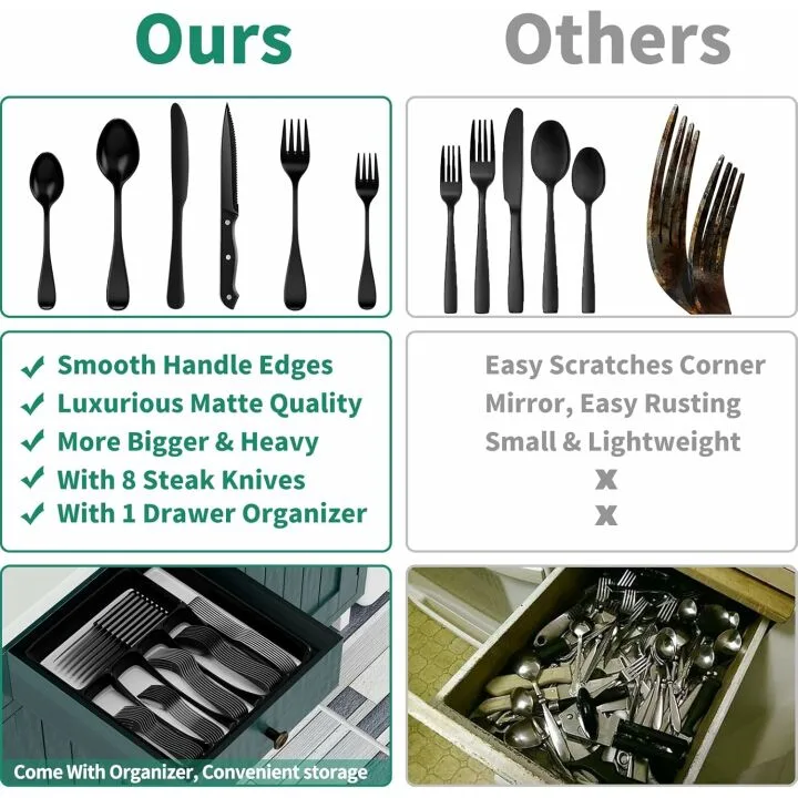 49-Piece Black Silverware Set for 8 with Organizer