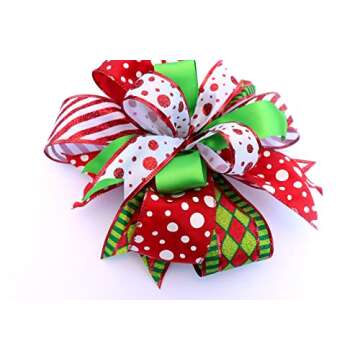 Whimsical Christmas bow for wreaths mantle lantern decoration Tree topper red green polka dot