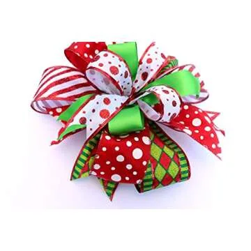 Whimsical Christmas bow for wreaths mantle lantern decoration Tree topper red green polka dot