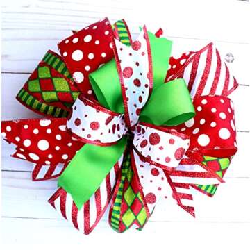 Whimsical Christmas bow for wreaths mantle lantern decoration Tree topper red green polka dot