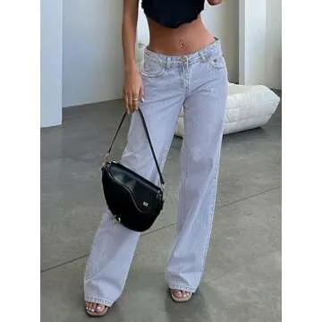 NIMIN Womens Vintage Baggy Mid Rise Washed Jeans Loose Straight Wide Leg Y2K High Waisted Denim Pants with Pockets Bleached Blue X-Large