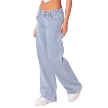 NIMIN Womens Vintage Baggy Mid Rise Washed Jeans Loose Straight Wide Leg Y2K High Waisted Denim Pants with Pockets Bleached Blue X-Large