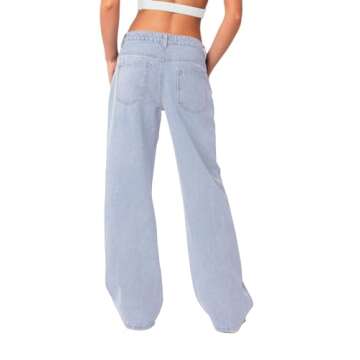 NIMIN Womens Vintage Baggy Mid Rise Washed Jeans Loose Straight Wide Leg Y2K High Waisted Denim Pants with Pockets Bleached Blue X-Large