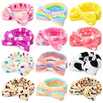 3 Otters Bow Hair Band Set - 12PCS Fuzzy Fleece Hair Accessories for Makeup and Spa
