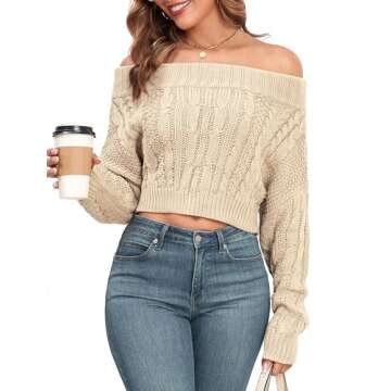 ZAFUL Women's Off Shoulder Cable Knit Crop Top Sweater - Lightweight Chic Design