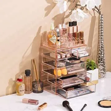 Sorbus Clear Cosmetic Makeup Organizer - Make Up & Jewelry Storage, Case & Display - Spacious Design - Great Holder for Dresser, Bathroom, Vanity & Countertop (4 Large, 2 Small Drawers) [Pink]