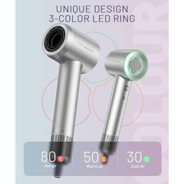 Hair Dryer - 150000 RPM High-Speed Brushless Motor Negative Ionic Blow Dryer for Fast Drying, Low Noise Thermo-Control Hair Dryer with Diffuser and Nozzle, Silvery