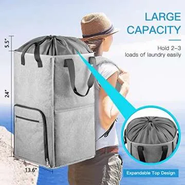 Laundry Backpack Bag, Bukere Extra Large 2 in 1 Laundry Hamper Basket for College Students Dorm Esse...