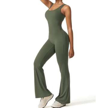 Vertvie Sleeveless Flare Jumpsuits for Women Sexy Backless Bodycon V Back Scrunch Butt Yoga Rompers Seamless Workout Bodysuit(Olive Green,Medium)