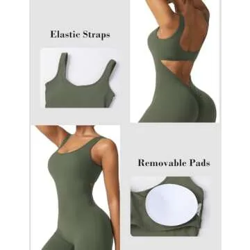 Vertvie Sleeveless Flare Jumpsuits for Women Sexy Backless Bodycon V Back Scrunch Butt Yoga Rompers Seamless Workout Bodysuit(Olive Green,Medium)