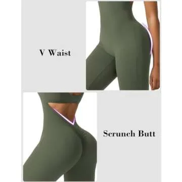 Vertvie Sleeveless Flare Jumpsuits for Women Sexy Backless Bodycon V Back Scrunch Butt Yoga Rompers Seamless Workout Bodysuit(Olive Green,Medium)