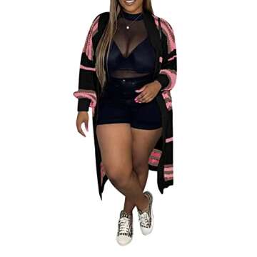 Voghtic Women Striped Colorblock Long Sleeve Open Front Cardigan Sweater Outwear Coat