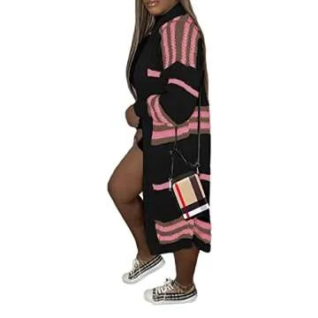 Voghtic Women Striped Colorblock Long Sleeve Open Front Cardigan Sweater Outwear Coat