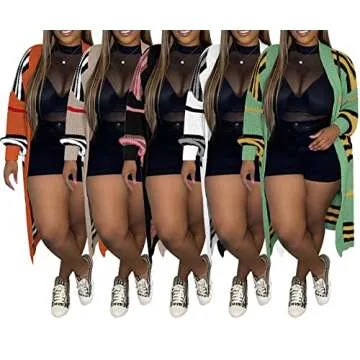 Voghtic Women Striped Colorblock Long Sleeve Open Front Cardigan Sweater Outwear Coat