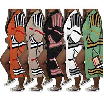 Voghtic Women Striped Colorblock Long Sleeve Open Front Cardigan Sweater Outwear Coat