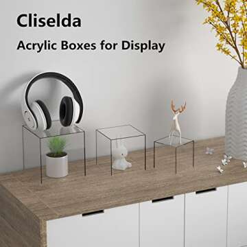 Cliselda 3pcs Clear Acrylic Display Boxes, Acrylic Cube Stand Risers Plastic Square Containers, Deco...