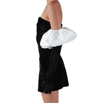 Urfitcutpcs Women's Puff Sleeve Off Shoulder Velvet Dress Sexy Wrap Bodycon Mini Dress Tube Dress with Gloves Cocktail Party (A-White Black, Small)