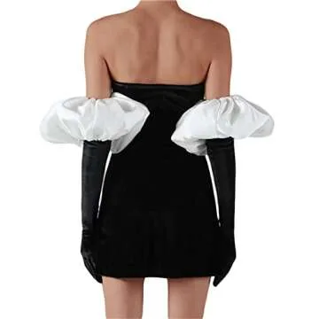 Urfitcutpcs Women's Puff Sleeve Off Shoulder Velvet Dress Sexy Wrap Bodycon Mini Dress Tube Dress with Gloves Cocktail Party (A-White Black, Small)