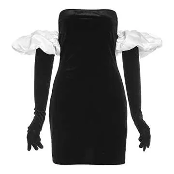 Urfitcutpcs Women's Puff Sleeve Off Shoulder Velvet Dress Sexy Wrap Bodycon Mini Dress Tube Dress with Gloves Cocktail Party (A-White Black, Small)