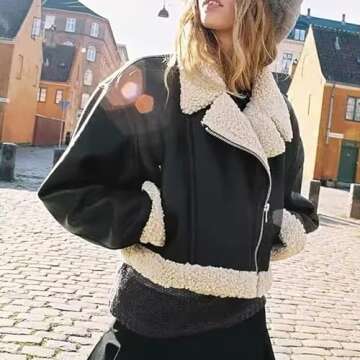 XUNRYAN 2024 Women's Faux-Leather Sherpa Jacket Shearling Moto Bomber Coat Winter Aviator Faux-Leath...