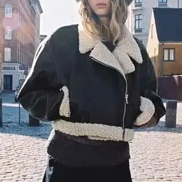 XUNRYAN 2024 Women's Faux-Leather Sherpa Jacket Shearling Moto Bomber Coat Winter Aviator Faux-Leather Coat Outwear Streetwear