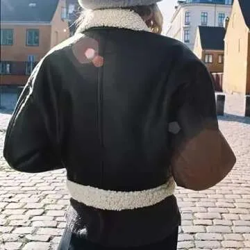 XUNRYAN 2024 Women's Faux-Leather Sherpa Jacket Shearling Moto Bomber Coat Winter Aviator Faux-Leather Coat Outwear Streetwear