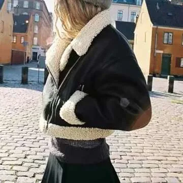 XUNRYAN 2024 Women's Faux-Leather Sherpa Jacket Shearling Moto Bomber Coat Winter Aviator Faux-Leather Coat Outwear Streetwear