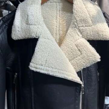 XUNRYAN 2024 Women's Faux-Leather Sherpa Jacket Shearling Moto Bomber Coat Winter Aviator Faux-Leather Coat Outwear Streetwear