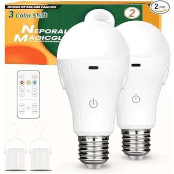Neporal MagicGlow Rechargeable Light Bulbs with Remote, 3 Colors Shift + Dimmable Battery Powered Light Bulbs, USB Rechargeable, A19 Standard Emergency LED Light Bulbs, 15W, Up to 24 Hours, 2 Pack