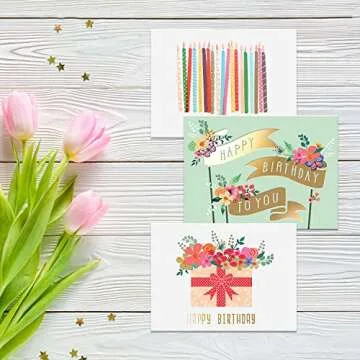 Sweetzer & Orange Gold Foil Bulk Birthday Cards Assortment, 48pc Bulk Happy Day sheets with Envelopes Box Set, Assorted Blank Celebration Cards for Women, Men, and Kids in a Boxed flyers Pack