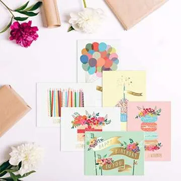 Sweetzer & Orange Gold Foil Bulk Birthday Cards Assortment, 48pc Bulk Happy Day sheets with Envelopes Box Set, Assorted Blank Celebration Cards for Women, Men, and Kids in a Boxed flyers Pack