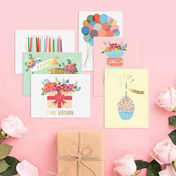 Sweetzer & Orange Gold Foil Bulk Birthday Cards Assortment, 48pc Bulk Happy Day sheets with Envelopes Box Set, Assorted Blank Celebration Cards for Women, Men, and Kids in a Boxed flyers Pack