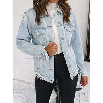 Eliacher Women's Boyfriend Denim Jacket Long Sleeve Loose Jean Jacket Coats