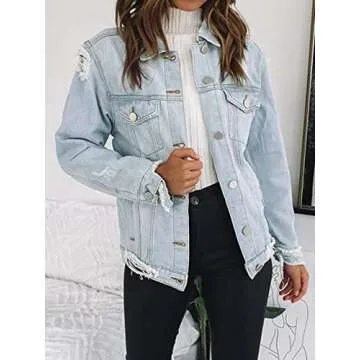 Eliacher Women's Boyfriend Denim Jacket Long Sleeve Loose Jean Jacket Coats