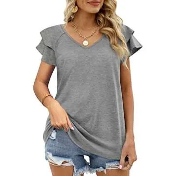 OFEEFAN Grey Tops for Women Summer Short Sleeve V Neck T Shirts Ruffle Sleeve Flowy XL