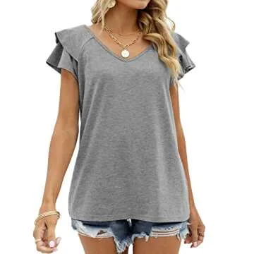 OFEEFAN Grey Tops for Women Summer Short Sleeve V Neck T Shirts Ruffle Sleeve Flowy XL