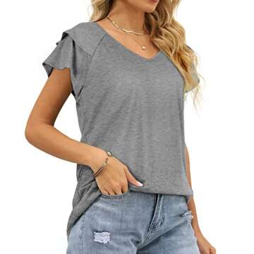 OFEEFAN Grey Tops for Women Summer Short Sleeve V Neck T Shirts Ruffle Sleeve Flowy XL