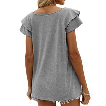 OFEEFAN Grey Tops for Women Summer Short Sleeve V Neck T Shirts Ruffle Sleeve Flowy XL