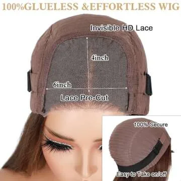 Daveila 24 Inch Chocolate Brown Body Wave Glueless Wig Human Hair Pre Plucked Pre Cut Glueless Lace Front Wig Ready to Wear 6x4 Body Wave 180% Density Closure Wig Natural Hairline #4 Colored Wig