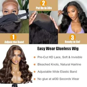 Daveila 24 Inch Chocolate Brown Body Wave Glueless Wig Human Hair Pre Plucked Pre Cut Glueless Lace Front Wig Ready to Wear 6x4 Body Wave 180% Density Closure Wig Natural Hairline #4 Colored Wig