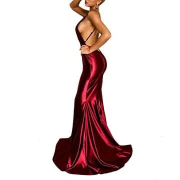 Ohvera Women's Satin Spaghetti Strap Backless V Neck Cocktail Evening Prom Gown Maxi Long Dress WineRed Medium