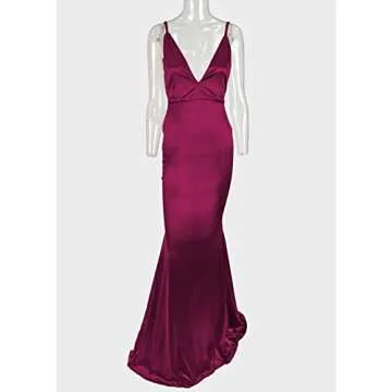 Ohvera Women's Satin Spaghetti Strap Backless V Neck Cocktail Evening Prom Gown Maxi Long Dress WineRed Medium