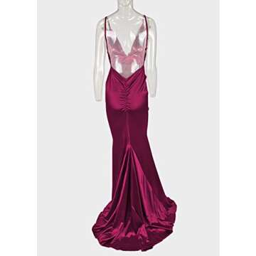 Ohvera Women's Satin Spaghetti Strap Backless V Neck Cocktail Evening Prom Gown Maxi Long Dress WineRed Medium