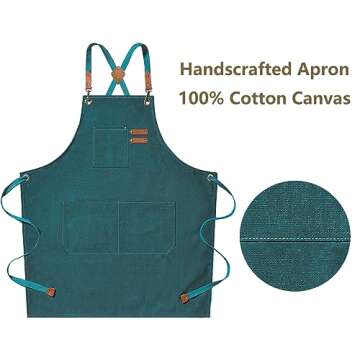 AFUN Chef Aprons for Men Women with Large Pockets, Cotton Canvas Cross Back Heavy Duty Adjustable Work Apron, Size M to XXL (Darkgreen)