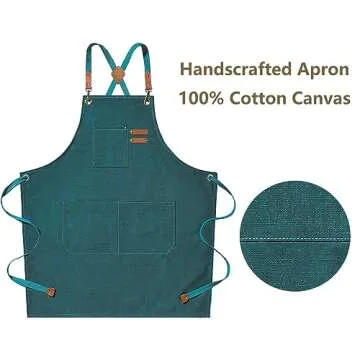 AFUN Chef Aprons for Men Women with Large Pockets, Cotton Canvas Cross Back Heavy Duty Adjustable Work Apron, Size M to XXL (Darkgreen)