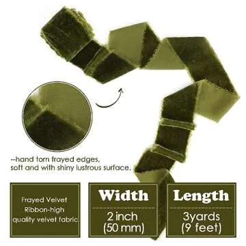 HUIHUANG Olive Green Velvet Ribbon 2 inch Handmade Fringe Frayed Silk Velvet Ribbon for Flower Bouqu...