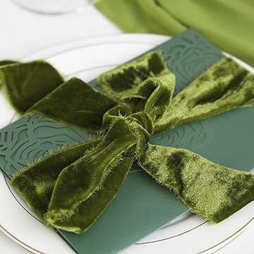 HUIHUANG Olive Green Velvet Ribbon 2 inch Handmade Fringe Frayed Silk Velvet Ribbon for Flower Bouquet, Gift Wrapping, Invitations, Holiday Christmas Decor, Wedding Bridal Shower Decor-3 Yards