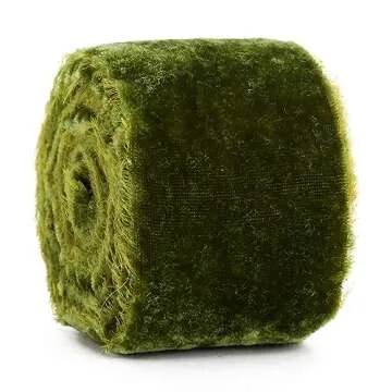 HUIHUANG Olive Green Velvet Ribbon 2 inch Handmade Fringe Frayed Silk Velvet Ribbon for Flower Bouquet, Gift Wrapping, Invitations, Holiday Christmas Decor, Wedding Bridal Shower Decor-3 Yards