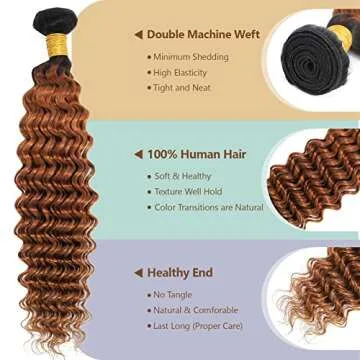 Ombre Deep Wave Human Hair 3 Bundles With 4x4 Lace Closure 1B/30 Brown Curly Bundles with Closure Unprocessed Brazilian Virgin Human Hair Extensions For Women (T1B/30,12 14 16 +10)