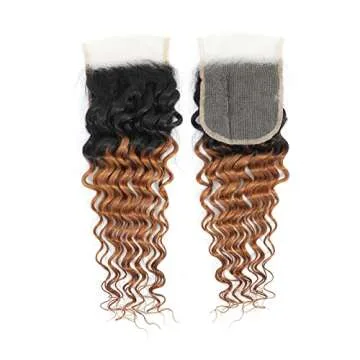 Ombre Deep Wave Human Hair 3 Bundles With 4x4 Lace Closure 1B/30 Brown Curly Bundles with Closure Unprocessed Brazilian Virgin Human Hair Extensions For Women (T1B/30,12 14 16 +10)